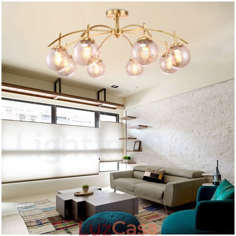 Lustre de pingente de latão luxuoso retrô rústico de 8 luzes com cúpula de vidro