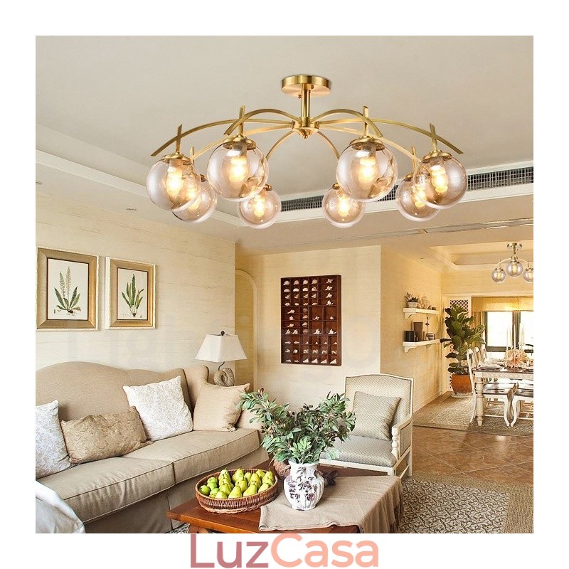 Lustre de pingente de latão luxuoso retrô rústico de 8 luzes com cúpula de vidro