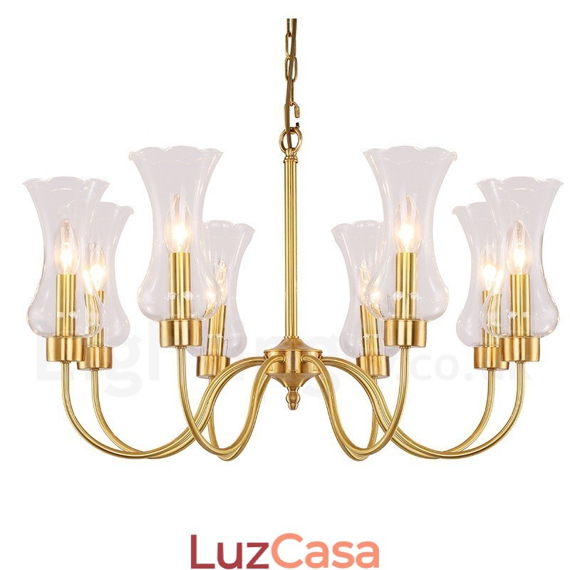 Lustre de pingente de latão luxuoso retrô rústico de 8 luzes com cúpula de vidro