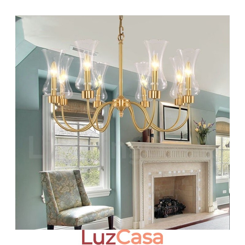 Lustre de pingente de latão luxuoso retrô rústico de 8 luzes com cúpula de vidro