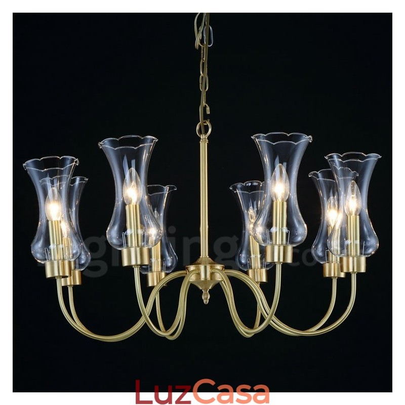 Lustre de pingente de latão luxuoso retrô rústico de 8 luzes com cúpula de vidro