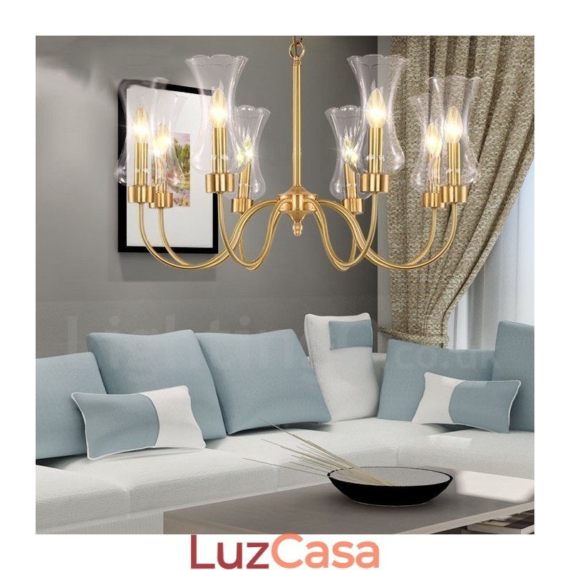 Lustre de pingente de latão luxuoso retrô rústico de 8 luzes com cúpula de vidro