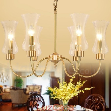 6 Luz Retro Rústico Luxo Latão Pendente Lâmpada Lustre com Sombra de Vidro