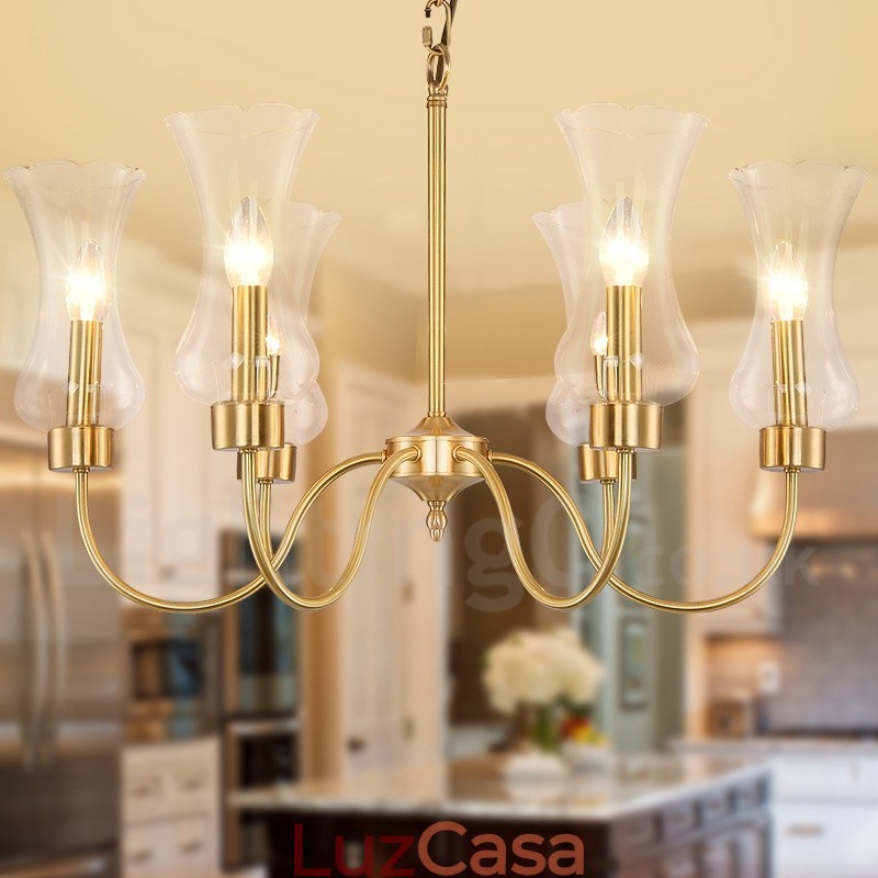 6 Luz Retro Rústico Luxo Latão Pendente Lâmpada Lustre com Sombra de Vidro