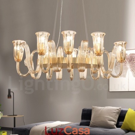 8 Luz Retro Rústico Luxo Liga de Alumínio Pendente Lâmpada Lustre com Sombra de Vidro