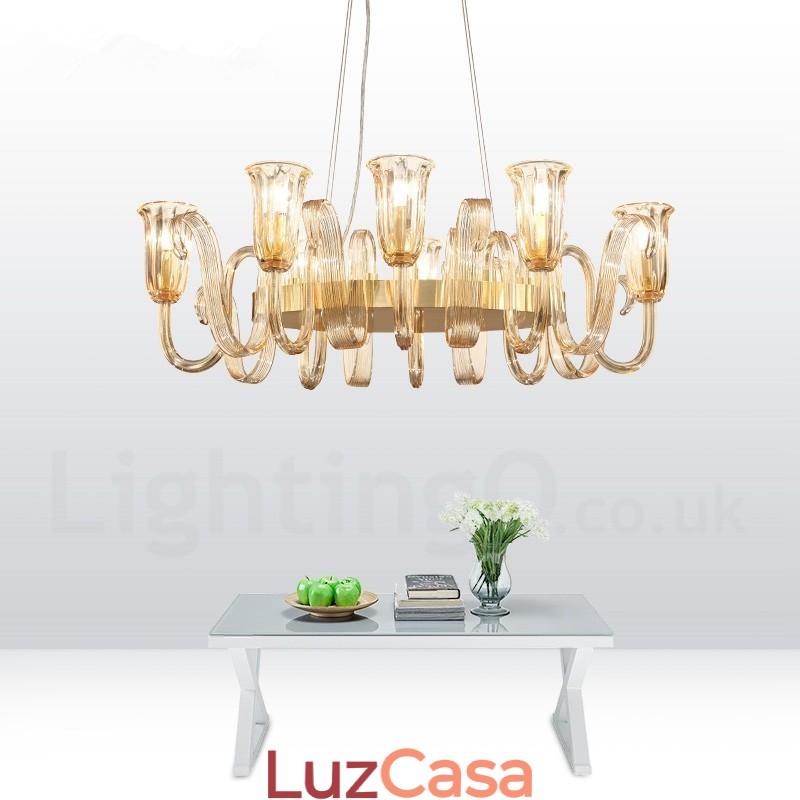 8 Luz Retro Rústico Luxo Liga de Alumínio Pendente Lâmpada Lustre com Sombra de Vidro