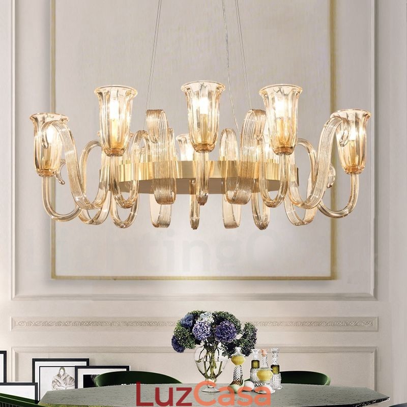 8 Luz Retro Rústico Luxo Liga de Alumínio Pendente Lâmpada Lustre com Sombra de Vidro