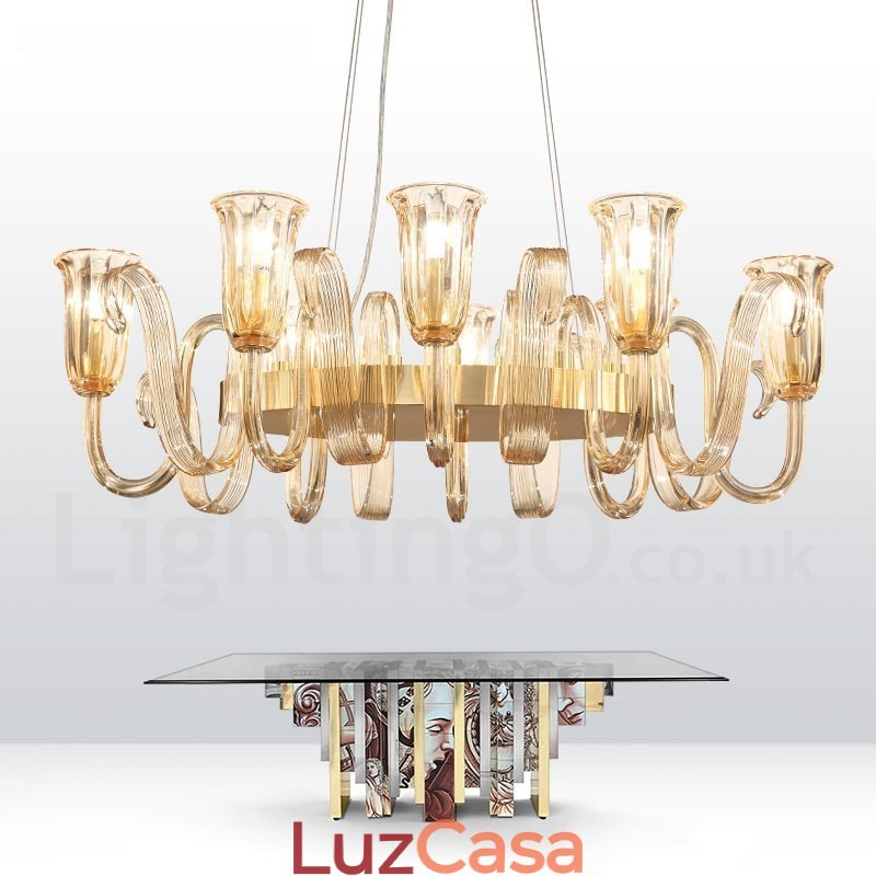 8 Luz Retro Rústico Luxo Liga de Alumínio Pendente Lâmpada Lustre com Sombra de Vidro