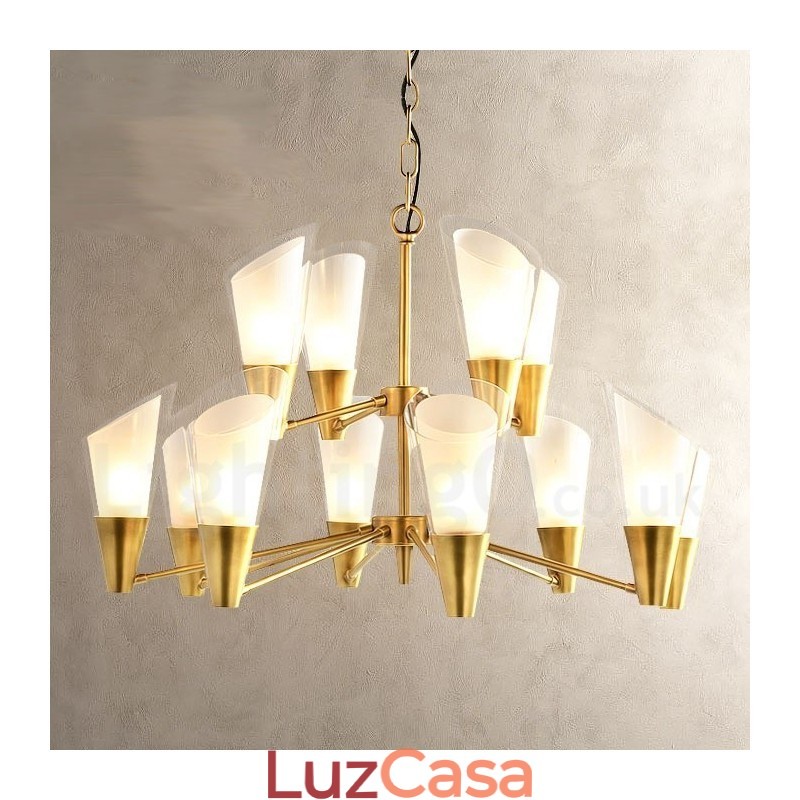 Lustre de pingente de latão luxuoso retrô rústico de 12 luzes com cúpula de vidro