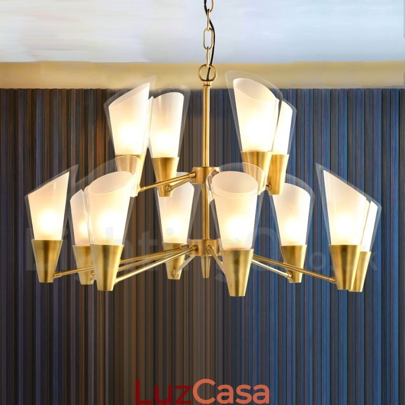 Lustre de pingente de latão luxuoso retrô rústico de 12 luzes com cúpula de vidro