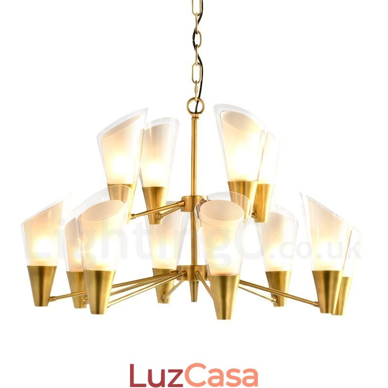 Lustre de pingente de latão luxuoso retrô rústico de 12 luzes com cúpula de vidro