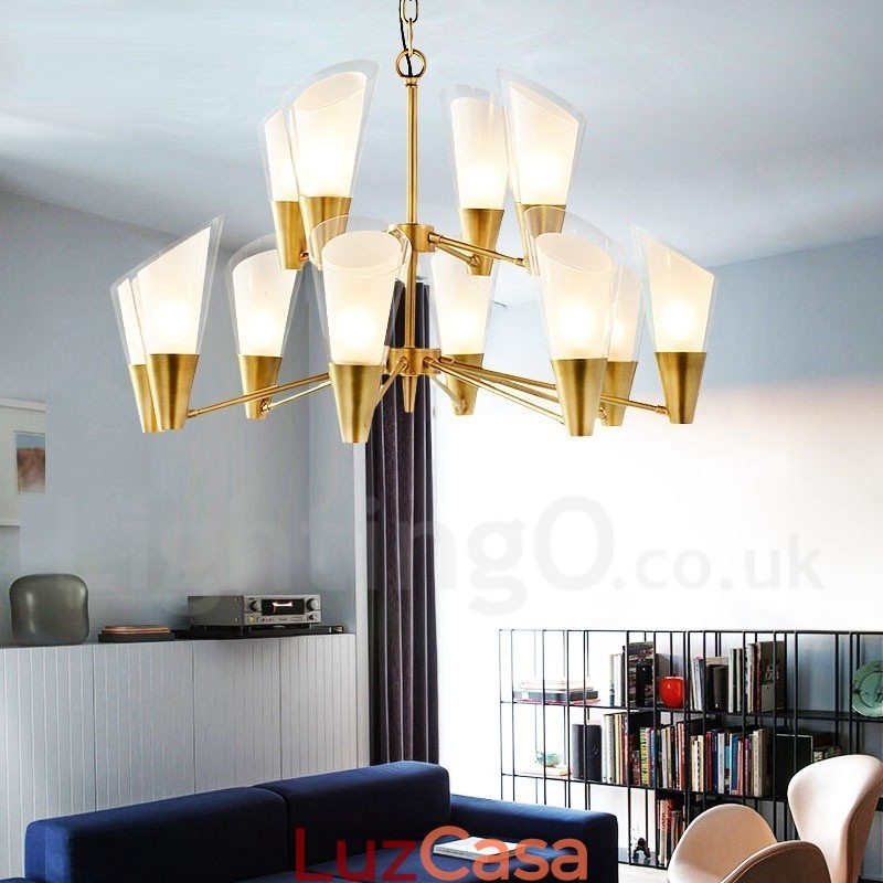 Lustre de pingente de latão luxuoso retrô rústico de 12 luzes com cúpula de vidro