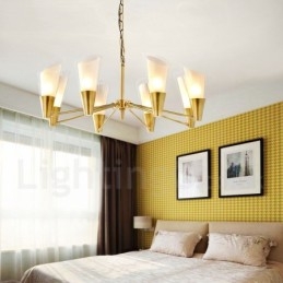 Lustre de pingente de latão luxuoso retrô rústico de 8 luzes com cúpula de vidro