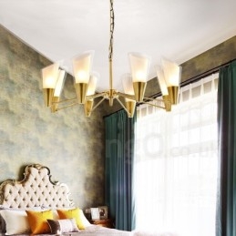 Lustre de pingente de latão luxuoso retrô rústico de 8 luzes com cúpula de vidro
