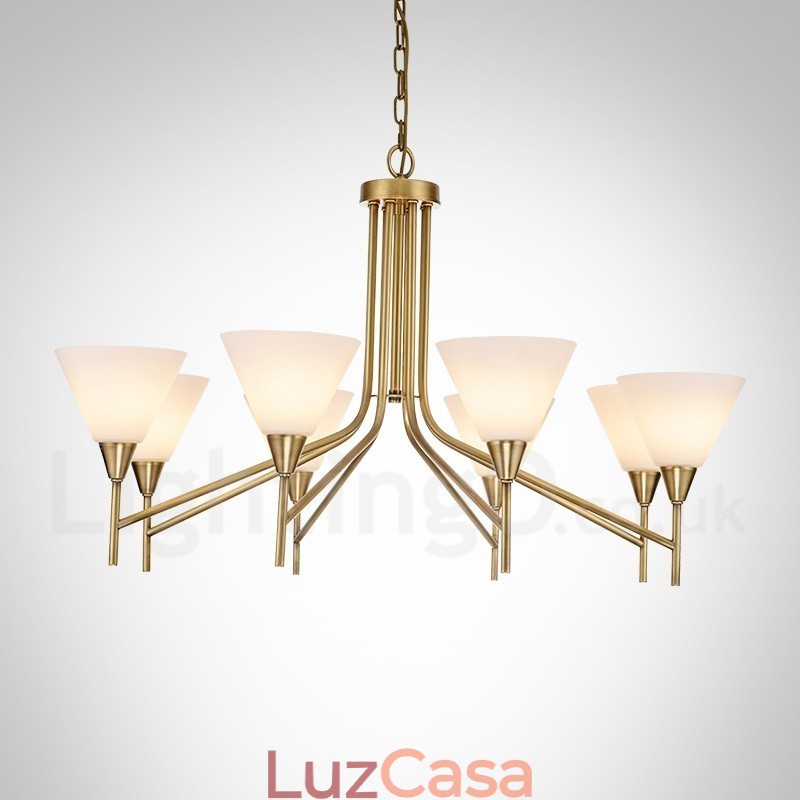 Lustre de pingente de latão luxuoso retrô rústico de 8 luzes com cúpula de vidro