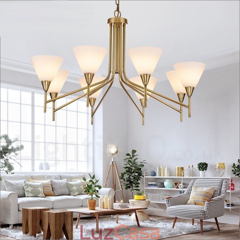 Lustre de pingente de latão luxuoso retrô rústico de 8 luzes com cúpula de vidro