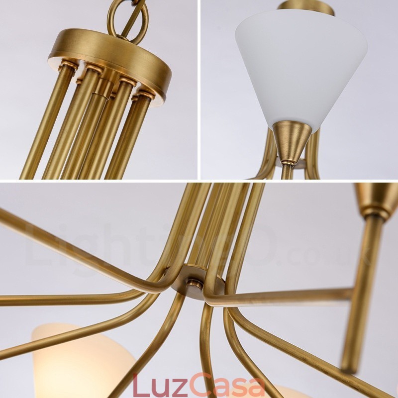 Lustre de pingente de latão luxuoso retrô rústico de 8 luzes com cúpula de vidro