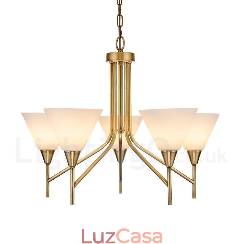 5 Luz Retro Rústico Luxo Latão Pendente Lâmpada Lustre com Sombra de Vidro