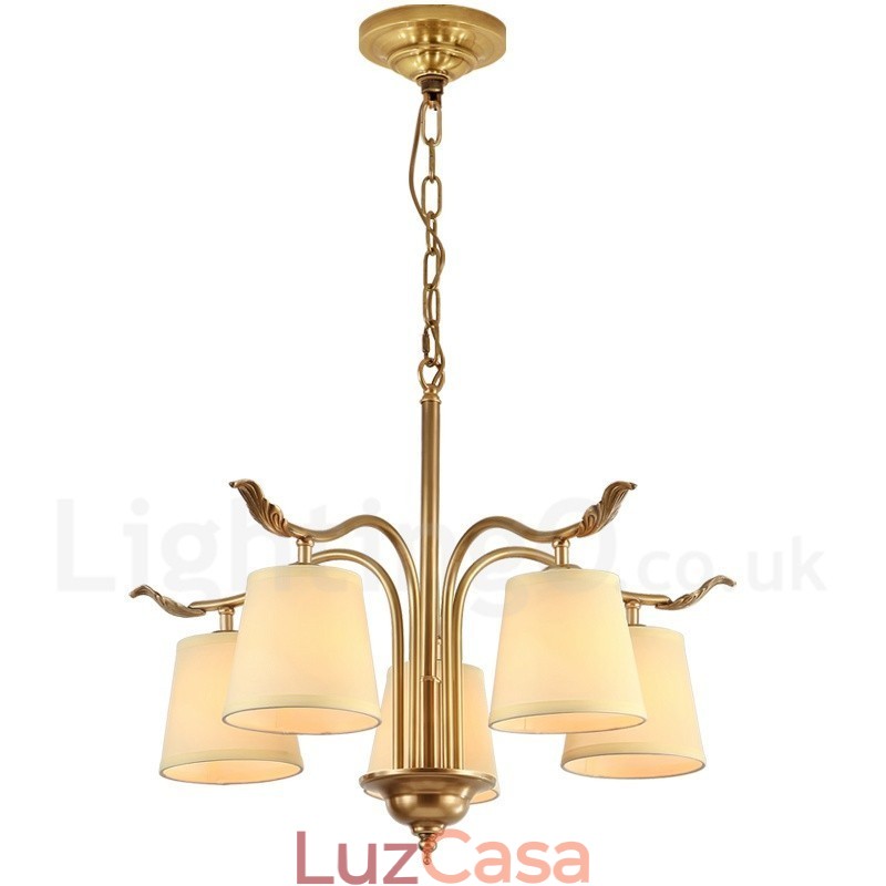 5 Luz Retro Rústico Luxo Latão Pendente Lâmpada Lustre com Tecido Sombra