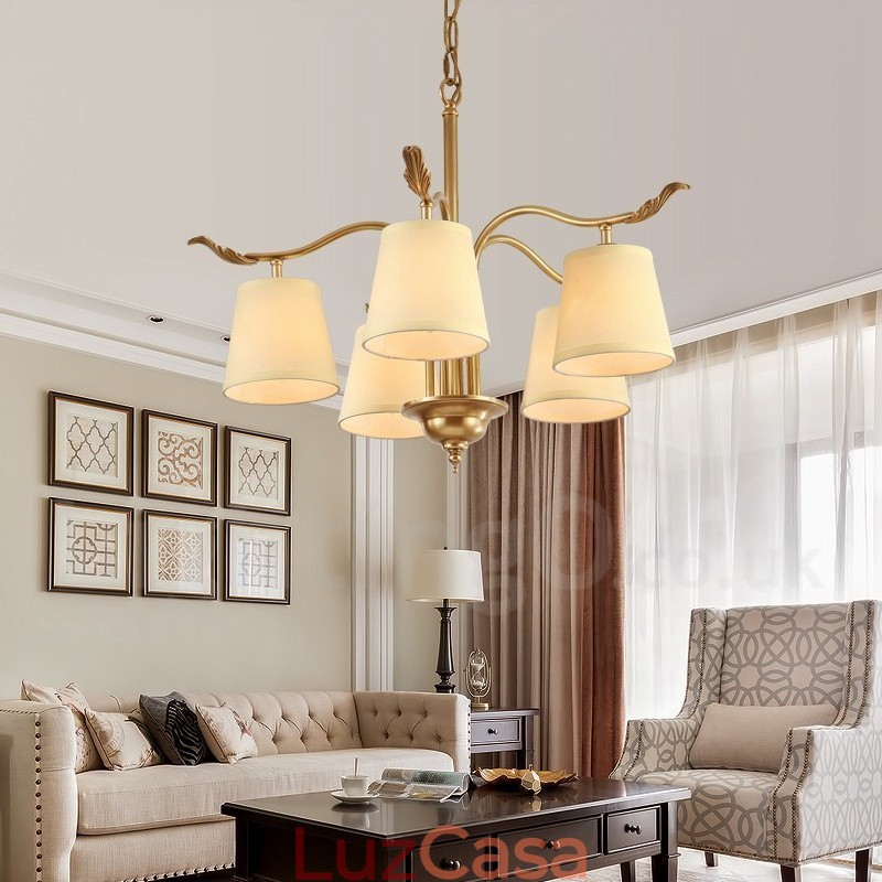 5 Luz Retro Rústico Luxo Latão Pendente Lâmpada Lustre com Tecido Sombra