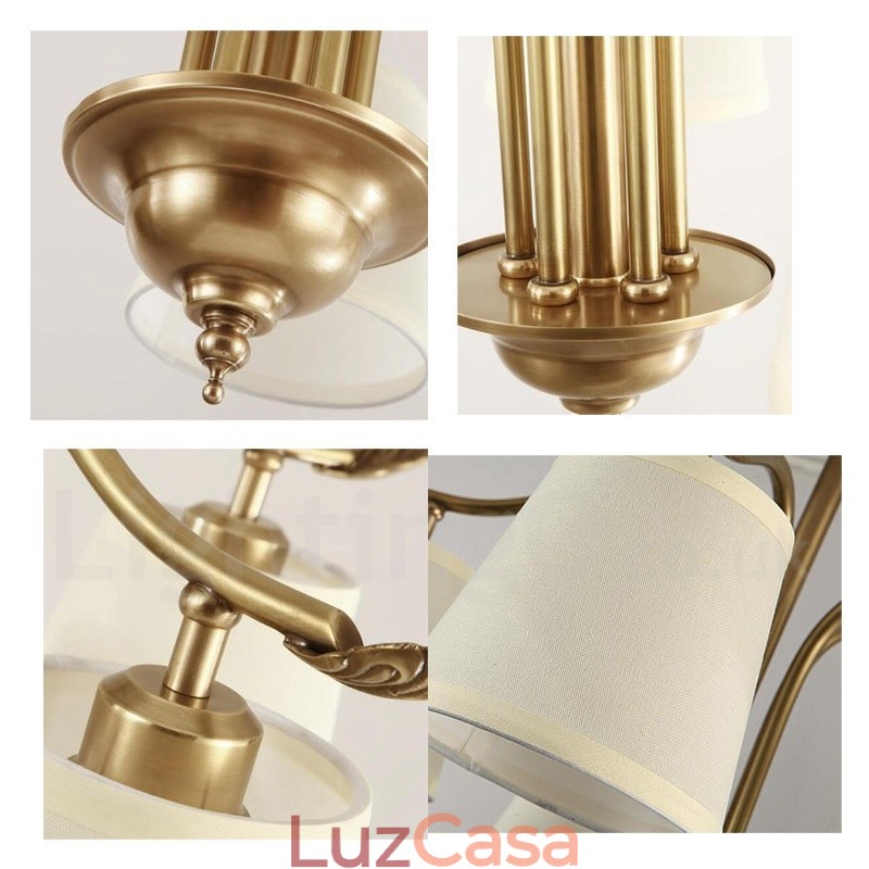 5 Luz Retro Rústico Luxo Latão Pendente Lâmpada Lustre com Tecido Sombra