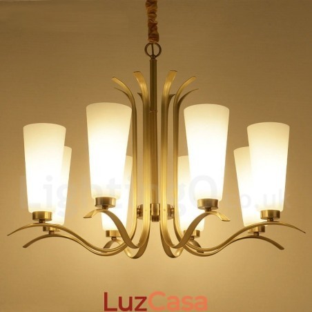 Lustre de pingente de latão luxuoso retrô rústico de 8 luzes com cúpula de vidro