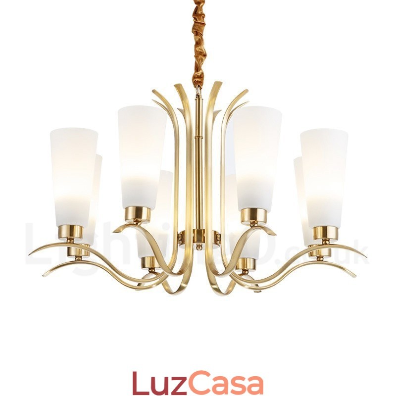 Lustre de pingente de latão luxuoso retrô rústico de 8 luzes com cúpula de vidro