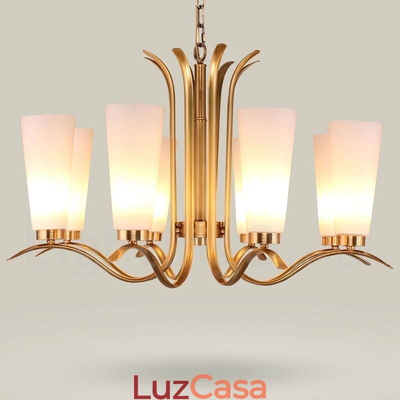 Lustre de pingente de latão luxuoso retrô rústico de 8 luzes com cúpula de vidro