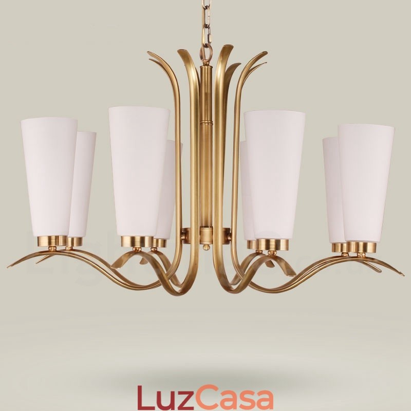 Lustre de pingente de latão luxuoso retrô rústico de 8 luzes com cúpula de vidro