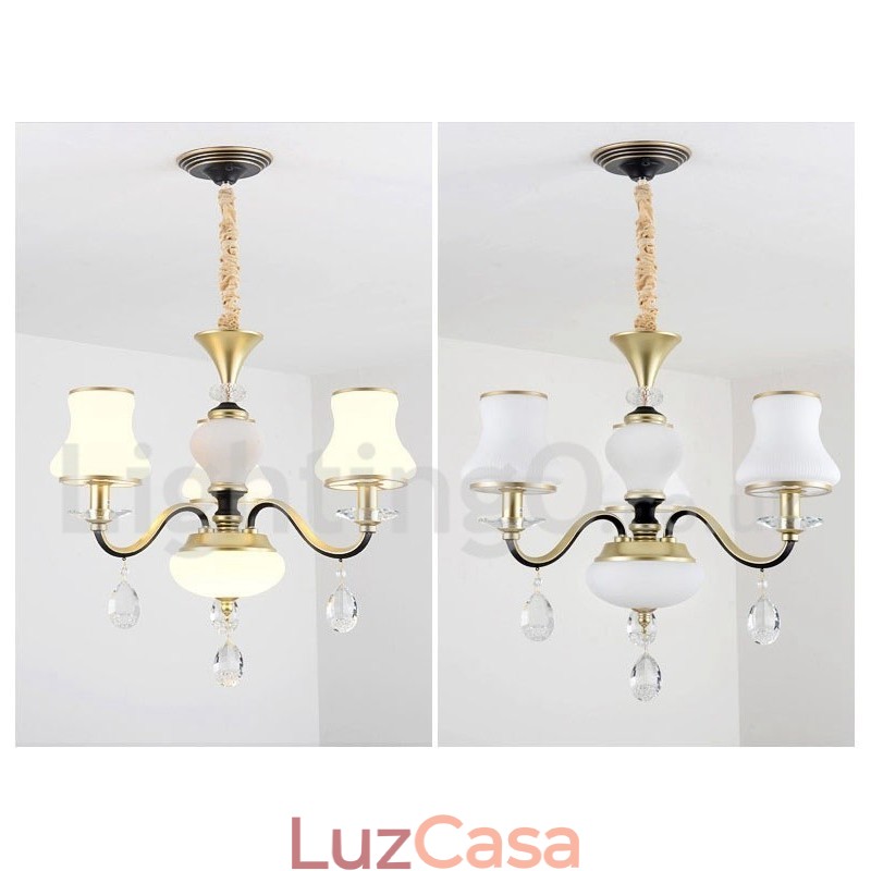 Lustre de cristal de luxo retrô rústico de 3 luzes com cúpula de vidro
