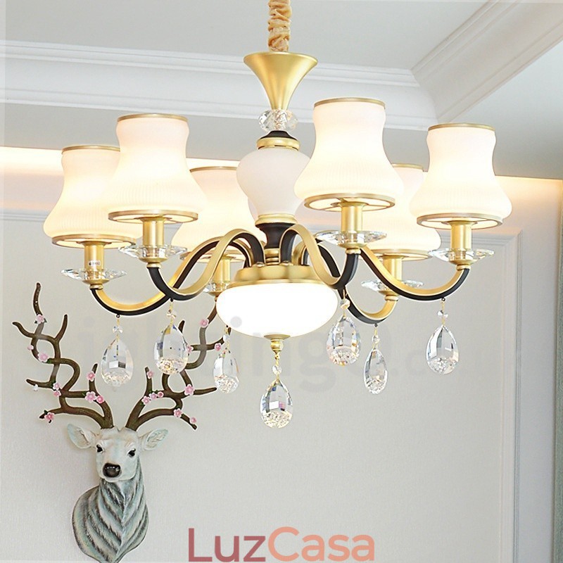 Lustre de cristal de luxo retrô rústico de 6 luzes com cúpula de vidro