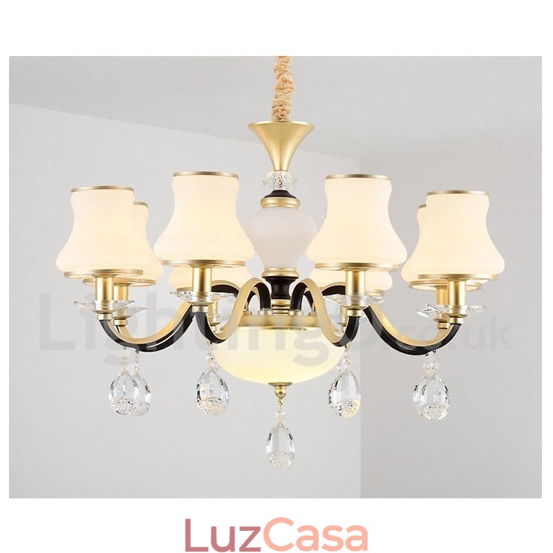 Lustre de cristal de luxo retrô rústico de 6 luzes com cúpula de vidro