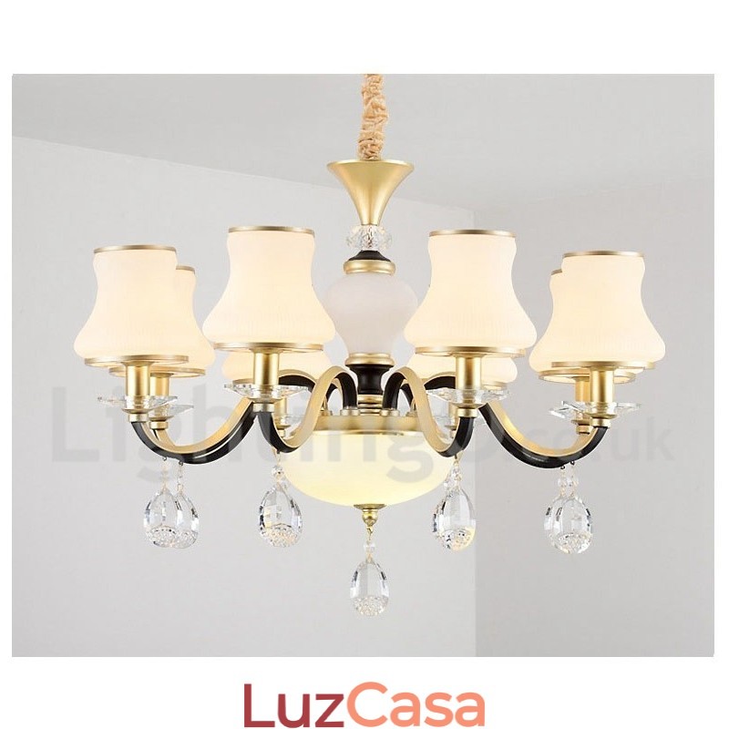 8 Luz Retro Rústico Luxo Cristal Pendente Lâmpada Lustre com Sombra de Vidro