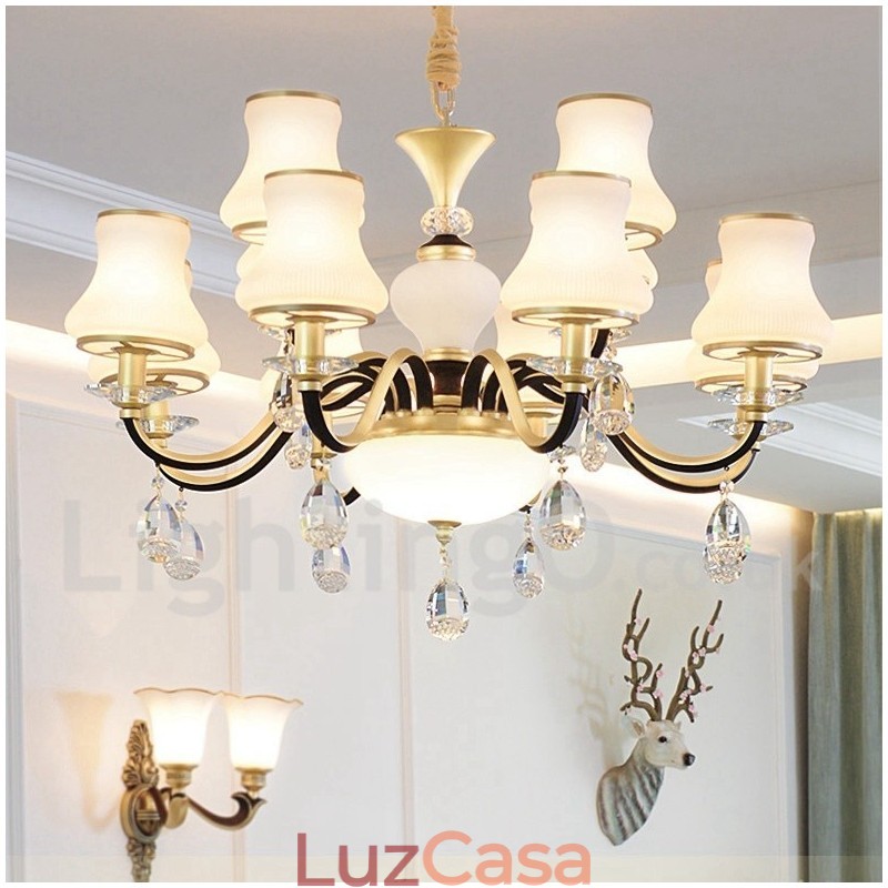 Lustre de cristal de luxo retrô rústico de 12 luzes com cúpula de vidro