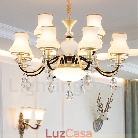 Lustre de cristal de luxo retrô rústico de 12 luzes com cúpula de vidro Lustre de cristal de luxo retrô rústico de 12 luzes com cúpula de vidro
