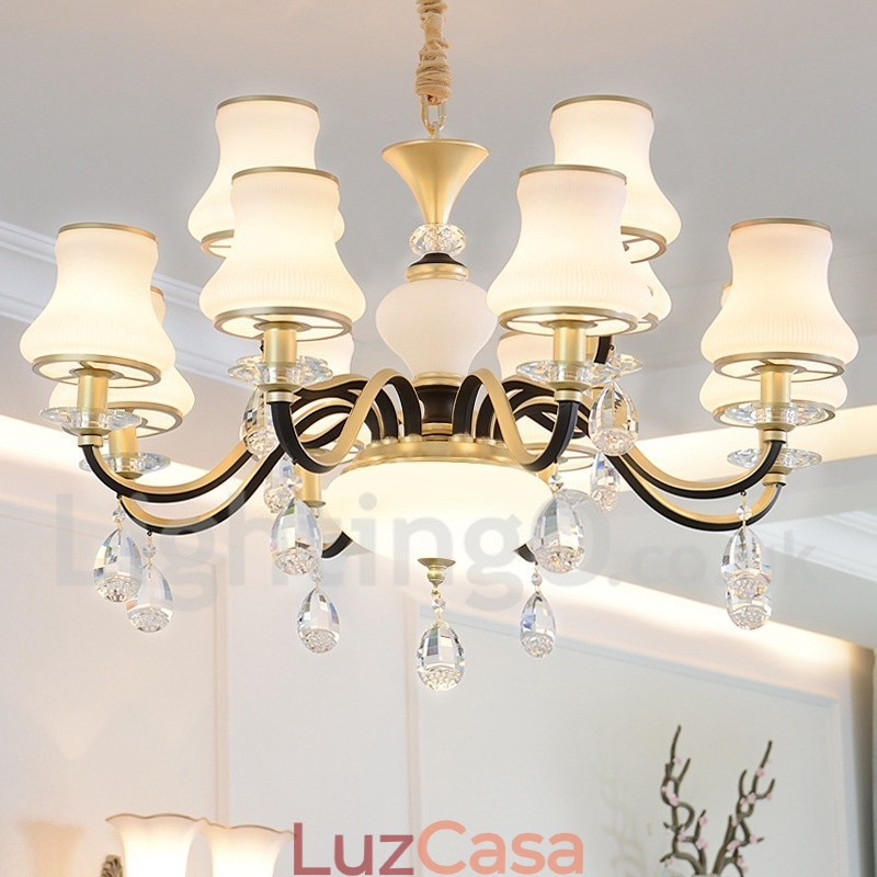 Lustre de cristal de luxo retrô rústico de 12 luzes com cúpula de vidro