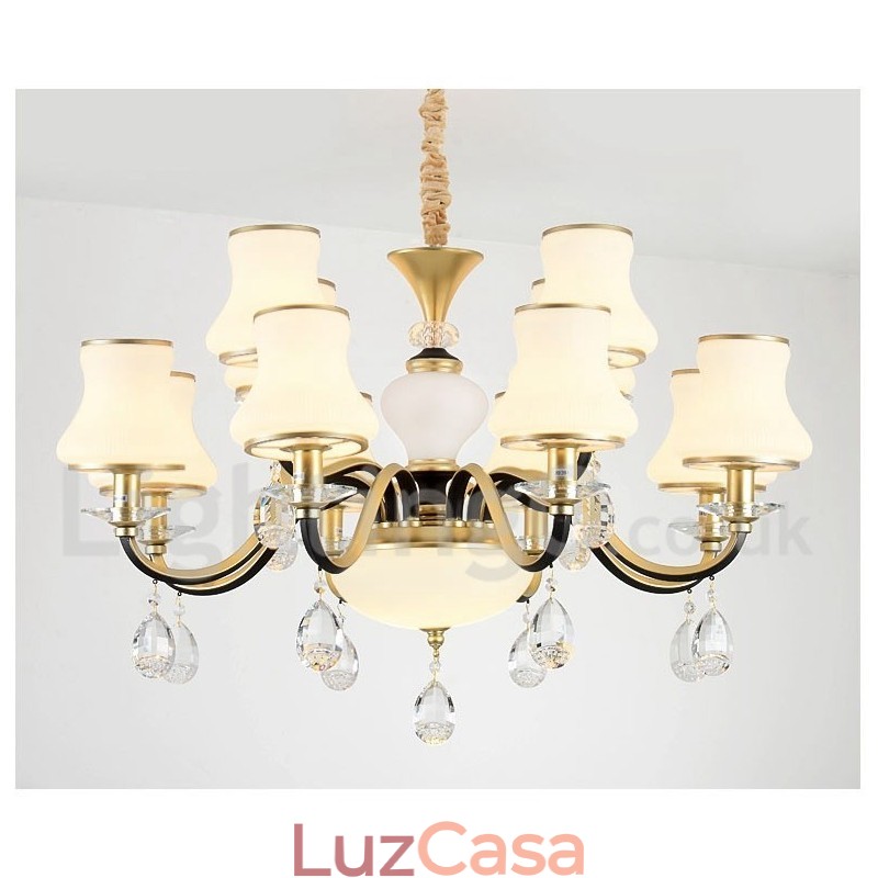 Lustre de cristal de luxo retrô rústico de 12 luzes com cúpula de vidro