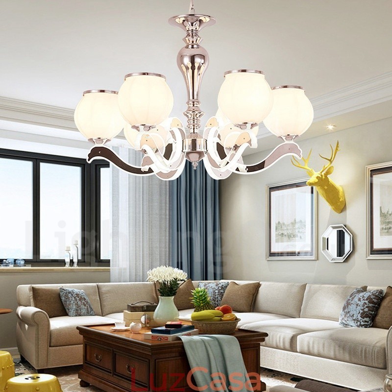 Lustre moderno e contemporâneo de luxo com 6 luzes e cúpula de vidro