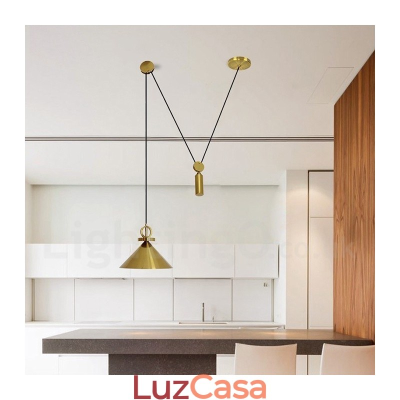 Luminária pendente estilo nórdico moderno contemporâneo de cobre puro, luminária de teto de latão com elevação e queda