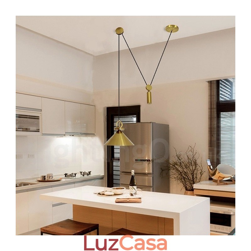 Luminária pendente estilo nórdico moderno contemporâneo de cobre puro, luminária de teto de latão com elevação e queda