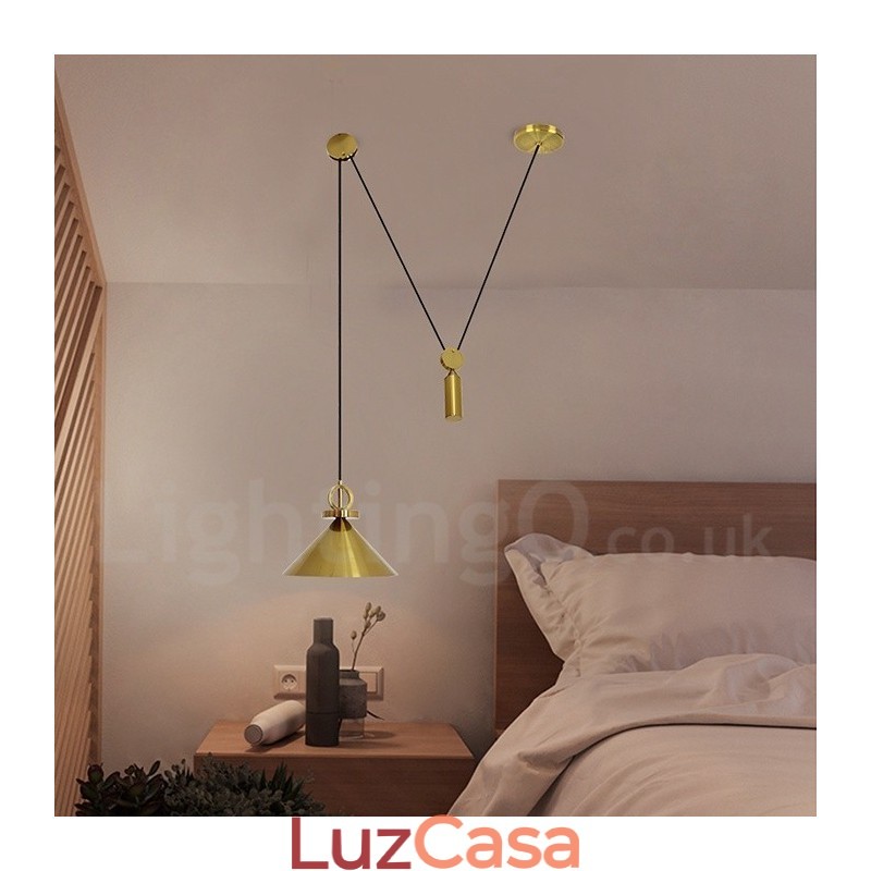Luminária pendente estilo nórdico moderno contemporâneo de cobre puro, luminária de teto de latão com elevação e queda