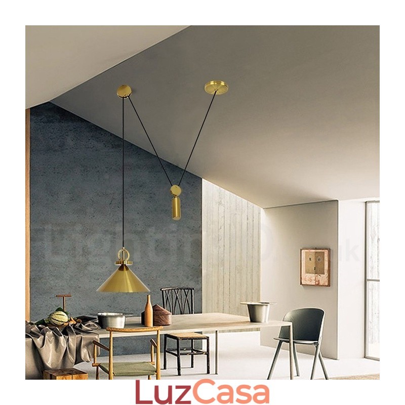 Luminária pendente estilo nórdico moderno contemporâneo de cobre puro, luminária de teto de latão com elevação e queda
