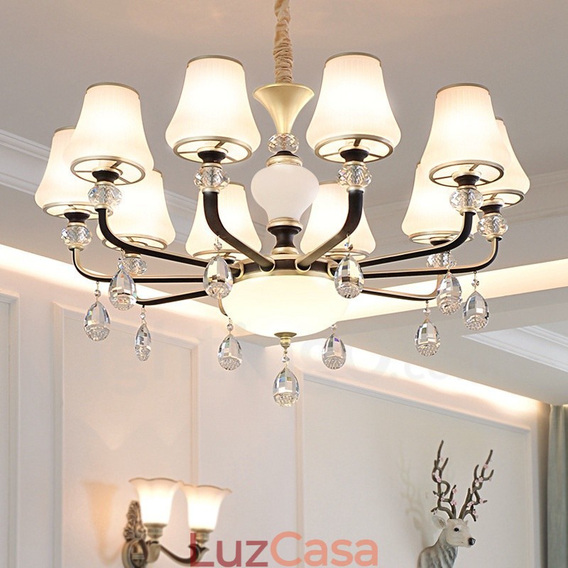 Lustre moderno contemporâneo retrô de luxo em cristal com abajur de vidro