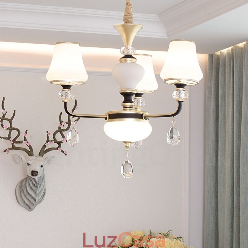 Lustre moderno contemporâneo retrô de luxo em cristal com abajur de vidro