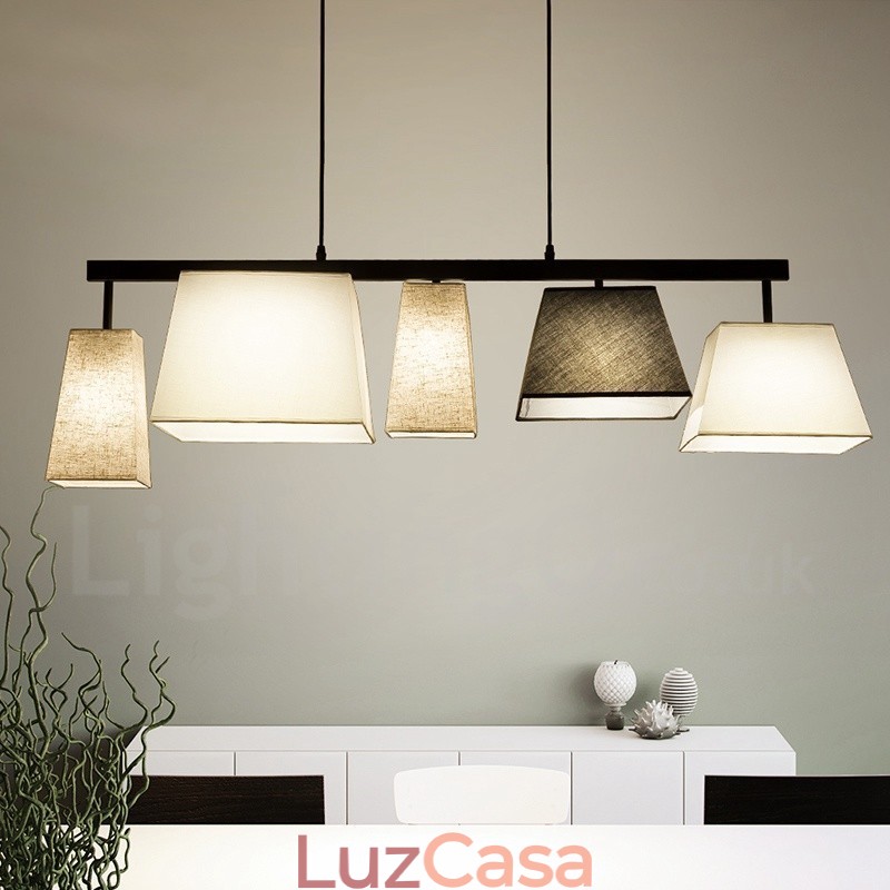 Luminária pendente moderna contemporânea de aço com 5 luzes e cúpula de tecido