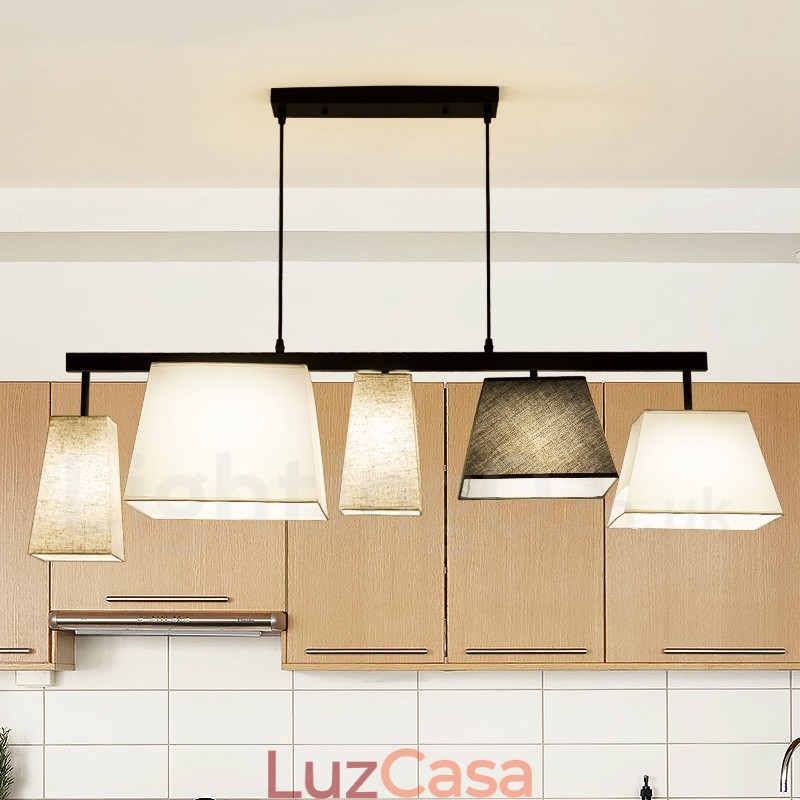Luminária pendente moderna contemporânea de aço com 5 luzes e cúpula de tecido