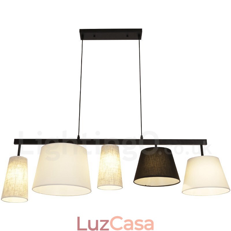 Luminária pendente moderna contemporânea de aço com 5 luzes e cúpula de tecido