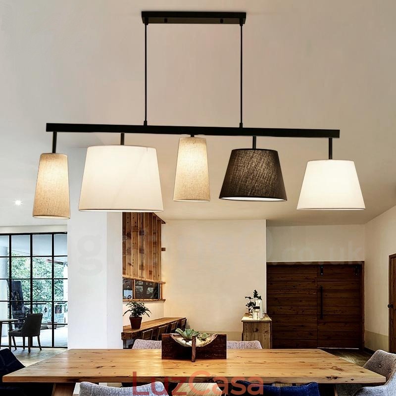 Luminária pendente moderna contemporânea de aço com 5 luzes e cúpula de tecido