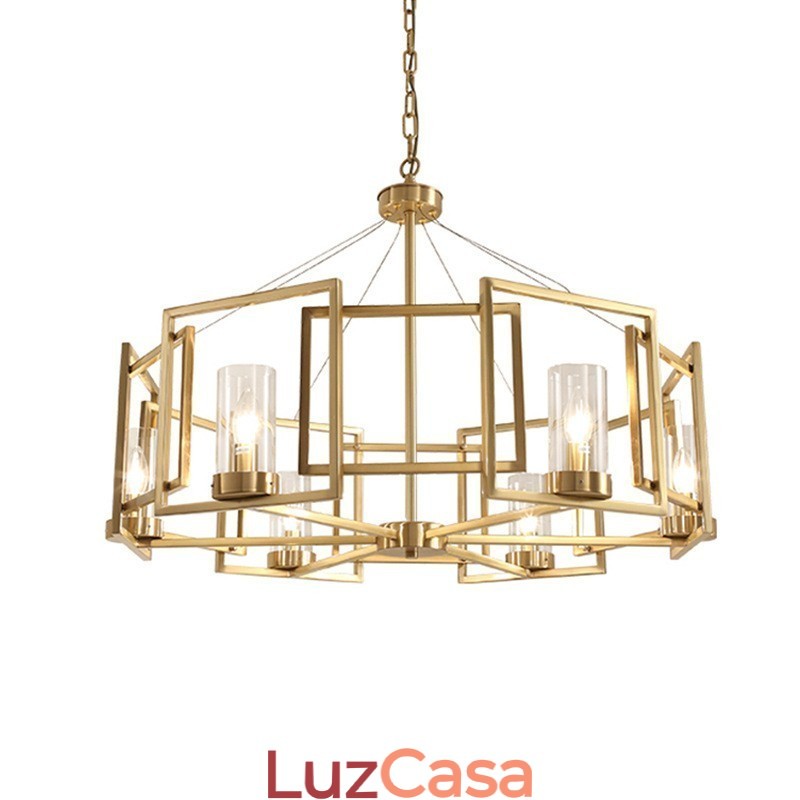 Luminária pendente moderna contemporânea de latão com 6 luzes e cúpula de vidro
