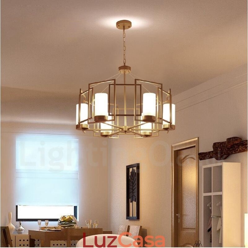 Luminária pendente moderna contemporânea de latão com 6 luzes e cúpula de vidro